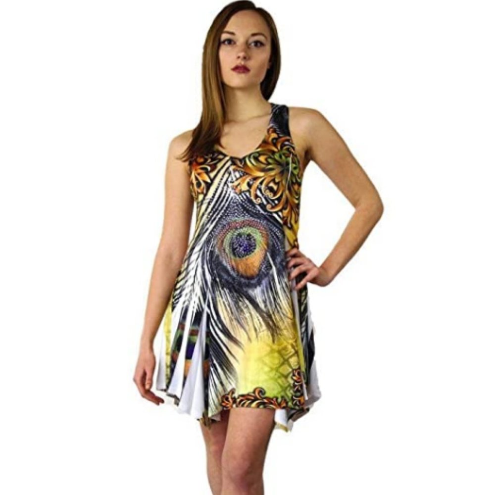 Women's Peacock Feather and Butterfly Print with Rhinestones Dress